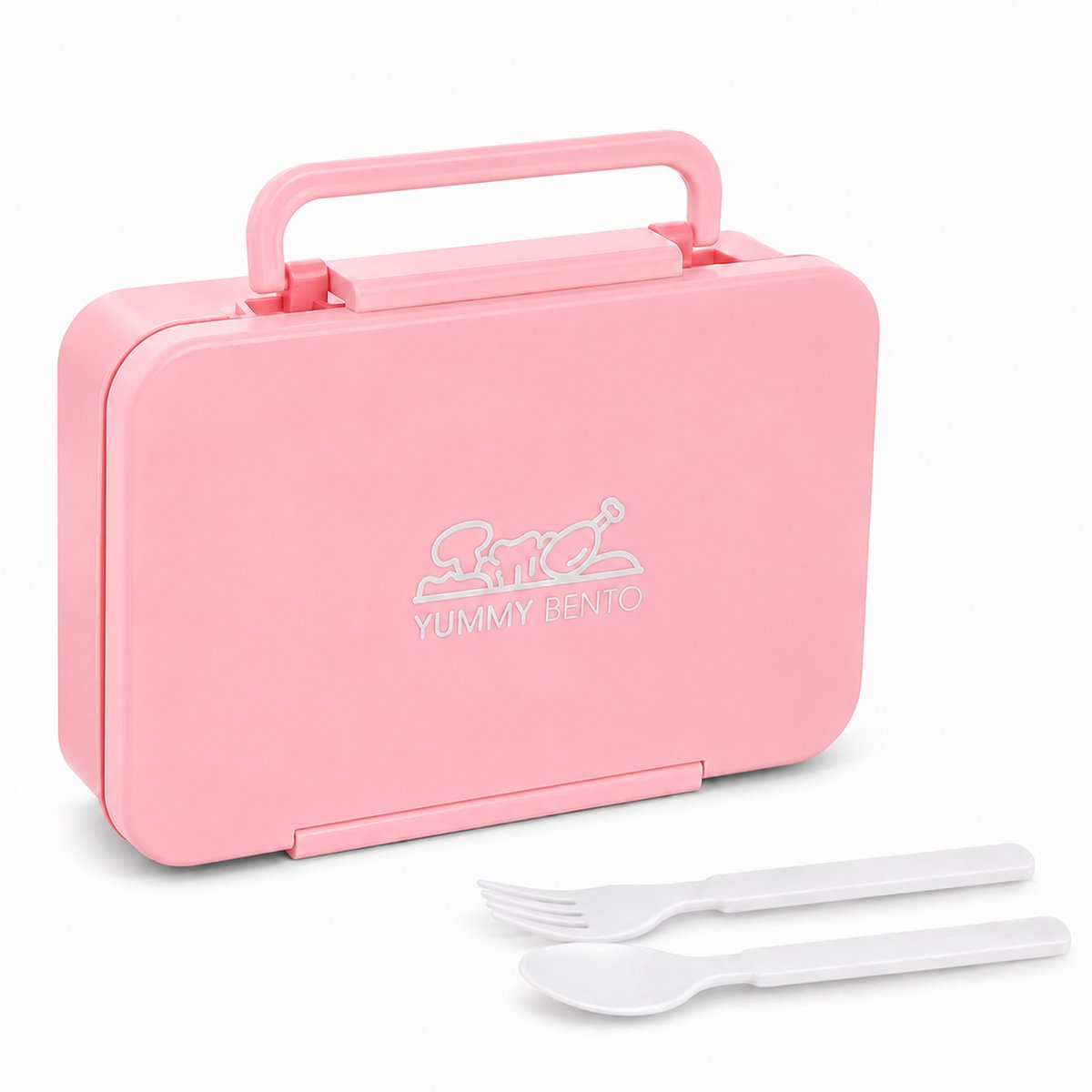 VHV Lunchbox 1200 ml met 3 Vakken en Bestek - Voedselveilige PP Bento Box met Handgreep en Kliksluiting - Roze voor Werk, School en Onderweg