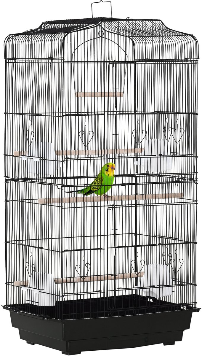 Volière vogelkooi met zitstokvoeders, uitneembare uitwerpselenkooi voor kanaries, parkieten, papegaaien, 46,5 x 35,5 x 92 cm, zwart