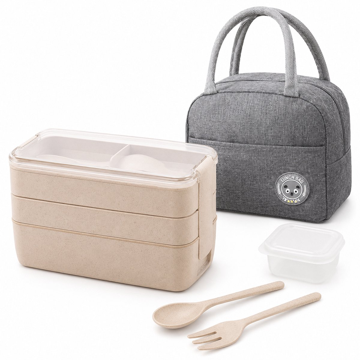 VHV - Lunchbox 900 ml - 3-Laagse Bento Lunchbox Set met Bestek, Sausbakje en Geïsoleerde Tas - Voor Werk, School en Picknick - Beige