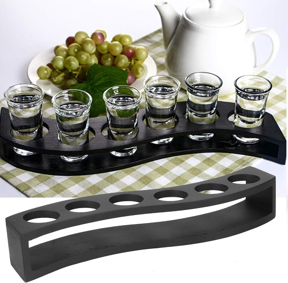 Shotglazenhouder 6 gaten - houten drankpaddle zwart - elegant ontwerp - perfect voor cocktails - SnelShoppen