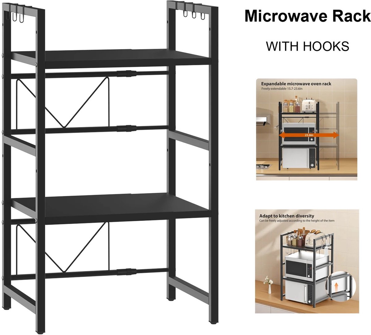 Archi Keukenopbergrek – Keuken Organizers - Uitschuifbaar Magnetronrek – 3 Laags – Hoogte Verstelbaar – Metaal – Zwart – 40-60×36×78 cm