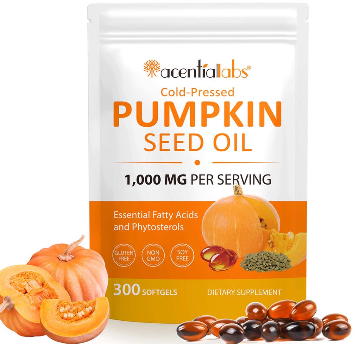 Acentiallabs Cold-Pressed Pumpkin Seed Oil 1000 mg - 300 Softgels - Met Saw Palmetto Extract - Voedingssupplement