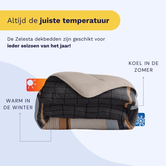 Gedessineerd dekbed in grijs en bruin, met labels die wijzen op 'warm in de winter' en 'koel in de zomer'.