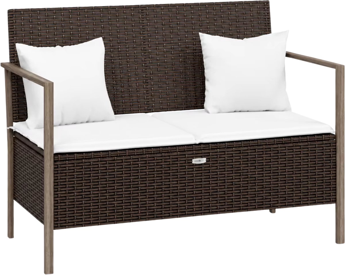 Tuinbank 2-Zits met Opbergruimte Bruin – Poly Rattan Buitenbank met Kussen