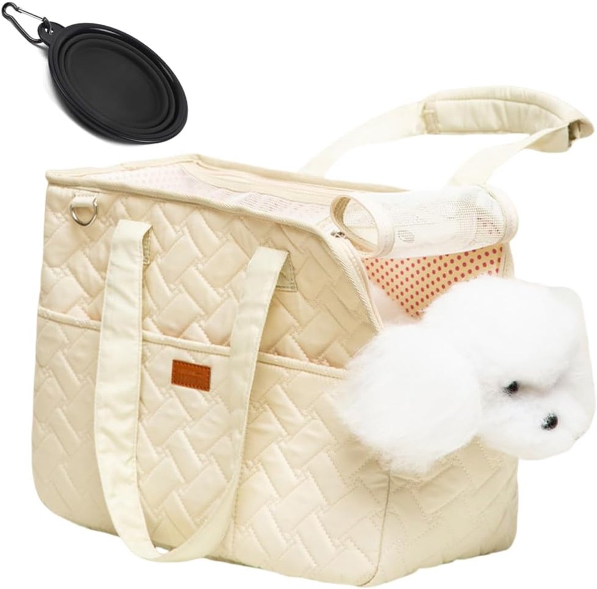 Hondenhandtasdrager voor kleine honden,konijnen en katten met zijvakjes,lange riem,katoenen tas,35*25*15,5 cm,zachte draagtas voor honden,inklapbare reistas voor puppy's,inclusief 1 opvouwbare kom.
