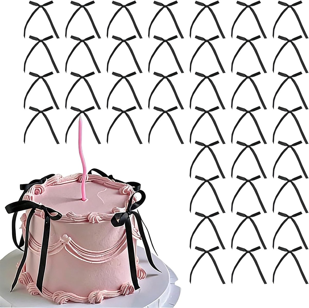40 Stuks Zwarte Strik Cake Toppers, Zwarte Linten voor Taartdecoraties, Baby Shower, Verjaardag, Bruiloft, Jubileum, Feest