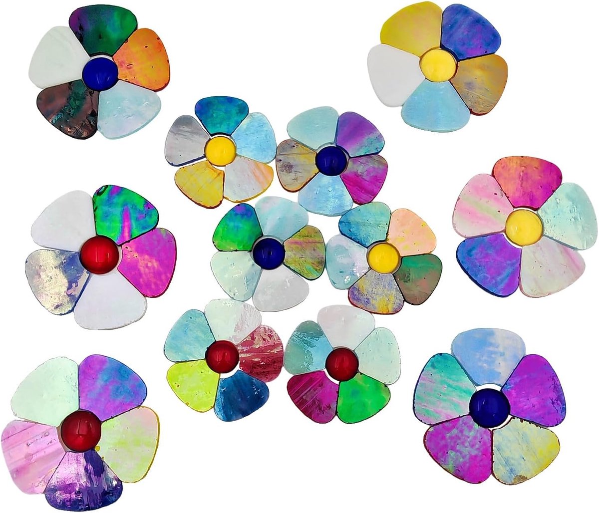 glas bloem mozaïek tegels kit - 12 bloemen met bloemblaadjes en platte kralen voor doe-het-zelf knutselwerk, woondecoratie en tuinkunst (iriserende mix)