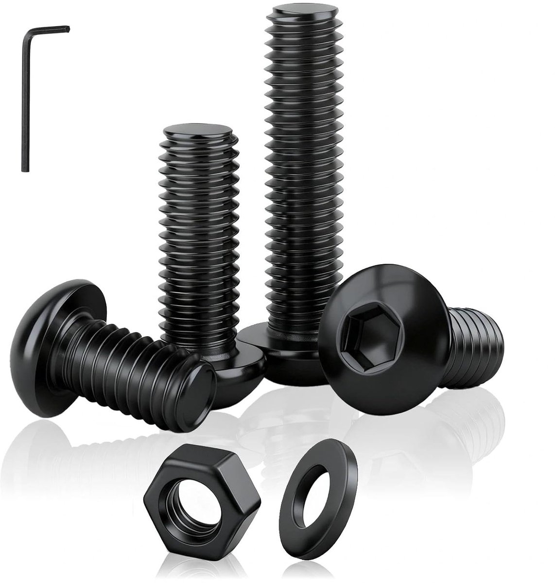 zeskantschroeven, 30 stuks, M5 x 40 mm, ISO7380, binnenzeskantschroeven, met moeren en sluitringen, koolstofstaal voor meubels en mechanische bouw (zwart)