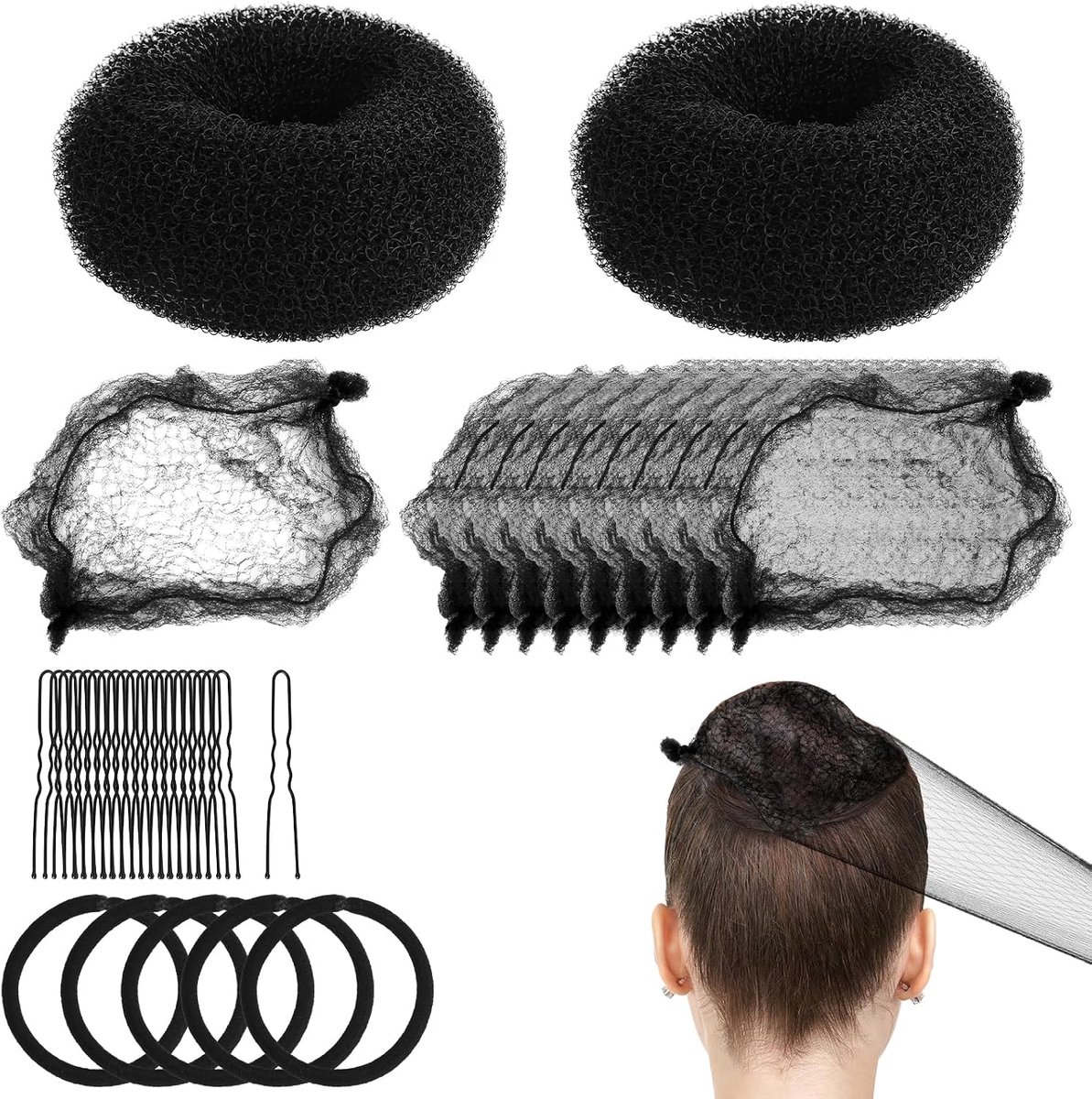 Knotjes Set, 2 Mini Donut Vullingen, 10 Onzichtbare Haarnetjes, 20 Speldjes, 5 Elastieken voor Meisjes Ballet Dansfeest (Zwart)
