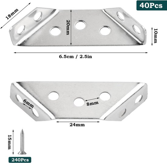 40 bevestigingsbeugels van roestvrij staal met 240 schroeven, 6,2 x 2,1 x 1,2 cm, verbindingshoeken voor meubels, planken, knutselprojecten — afbeelding 3