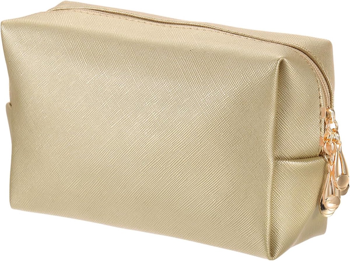 PU lederen vierkante make-uptas, waterdichte cosmetica-organizer-tas met ritssluiting reistoilettas voor vrouwen voor make-up borstelhouder (bronsgoud, klein), Brons goud
