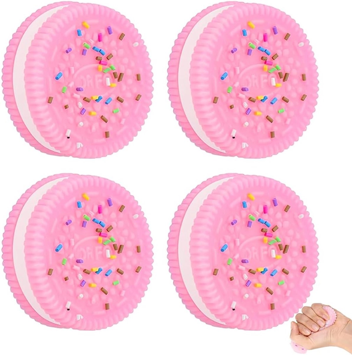 4 stuks knijpspeelgoed, squishy speelgoed, koekjes stressverminderend speelgoed, ultrazacht decompressiespeelgoed in roze, 3,8 cm lengte 1 cm hoogte