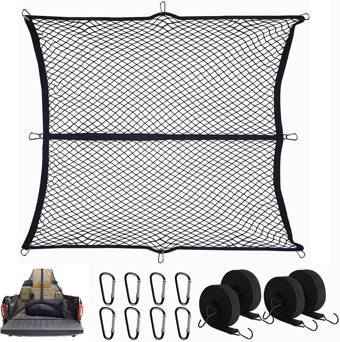 elastisch bagagenet, 1,5 x 1,5 m, rekbaar tot 2,5 m x 2,5 m (enkele laag), vrachtwagen-vrachtnet, netorganizer, met 8 x stalen karabijnhaken + 4 x bevestigingsriemen, bagagefixatie voor