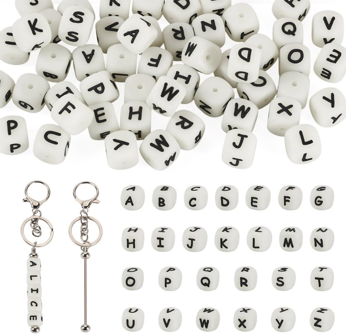 Bead Sleutelhanger Maken Kit Wit 52 Stuks Siliconen Vierkante Letter Kralen 12mm A-Z Alfabet Kraal Letters Rubber Siliconen Kralen voor Sleutelhanger Maken Tas Charms Accessoires