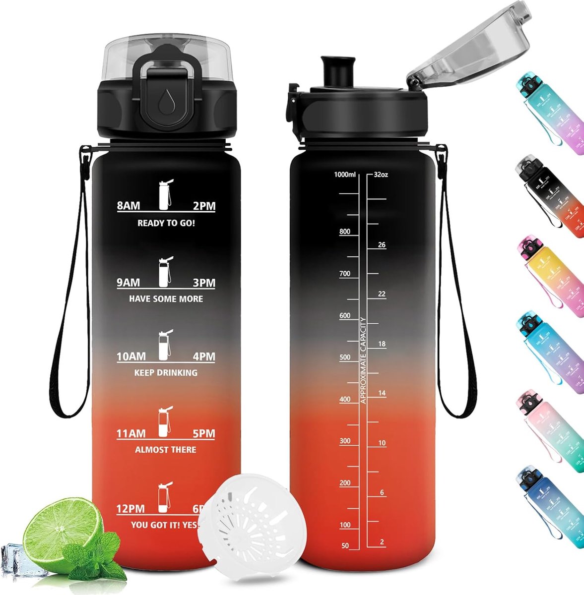 waterfles, 1 l, filterfles, lekvrij, herbruikbaar, sportdrinkfles met motiverende tijdweergave, voor sport, camping