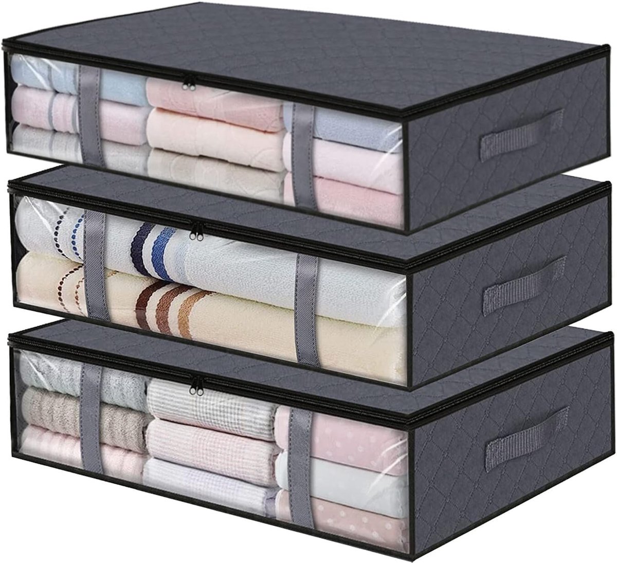3 stuks opbergdozen voor onder het bed, onderbedcommode met kijkvenster, ritssluiting en handgrepen, opvouwbare bedlade, opbergtas voor dekbedden, kleding, beddengoed, dekens 60 x 45 x 15 cm