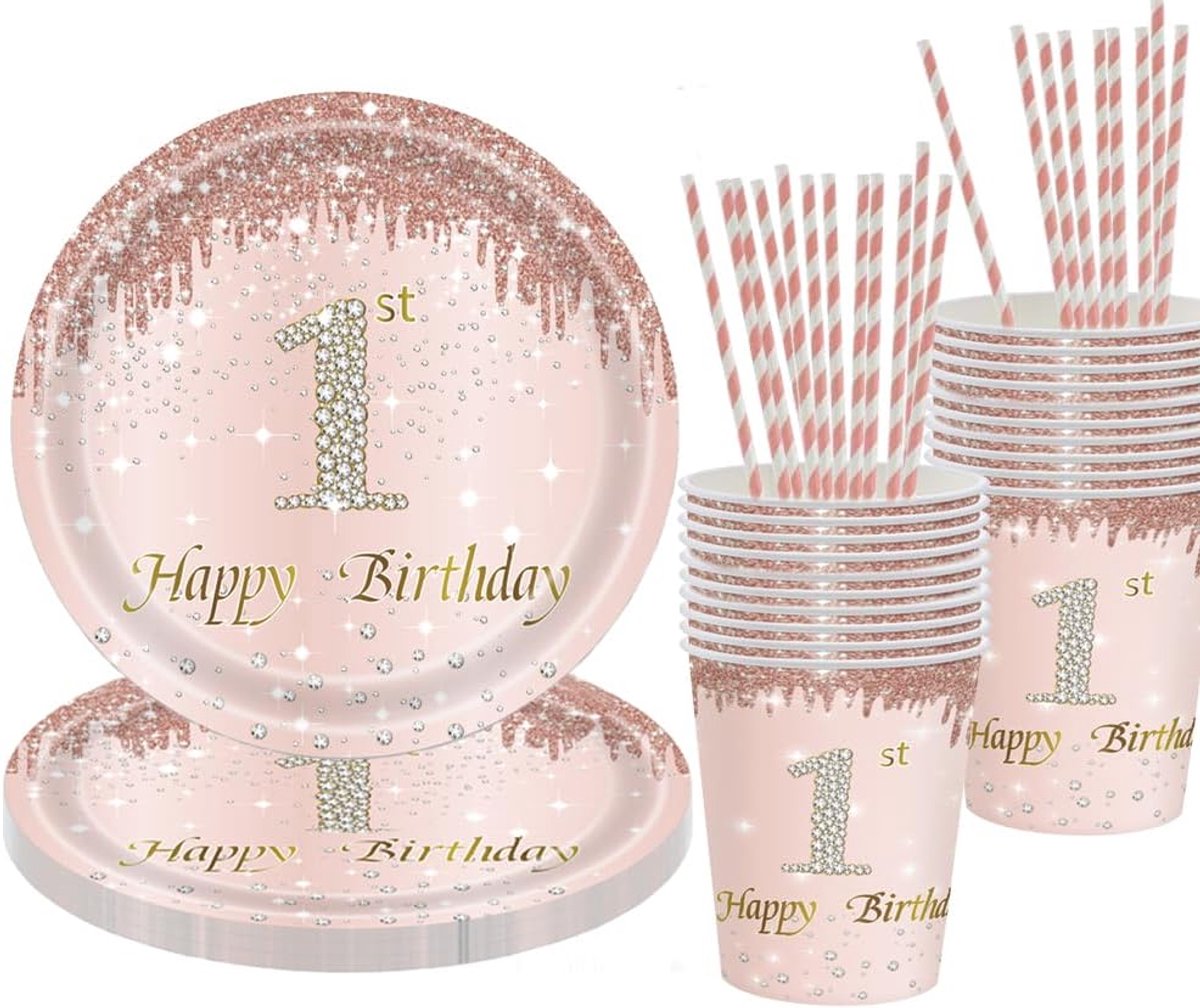1e verjaardag meisje feestservies set - papieren borden eerste verjaardag verjaardagsdecoratie 1 jaar meisje voor 20 gasten
