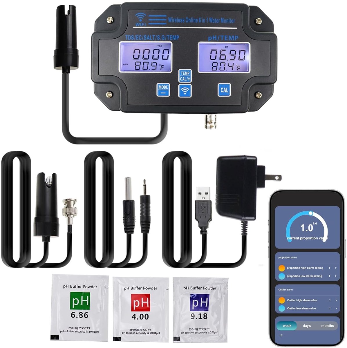 pH-monitor voor Hydrocultuur, 6-in-1 Waterkwaliteitstester met wifi, pH-metertester, Continue Bewaking van de pH PPM EC CF Luchtvochtigheid, Temperatuur van Indoor DWC Grow System, Hydroreservoir