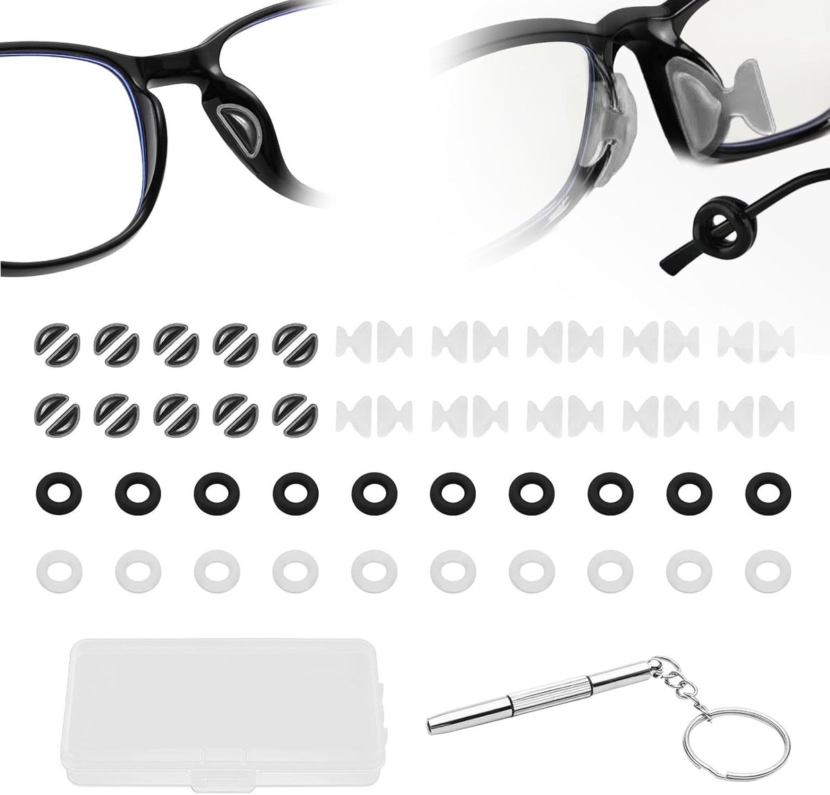 20 paar neuspads, bril, zelfklevend, 10 paar brillenhouders, oor, kleine schroevendraaier, antislip brillenpads, brillen, neuspads, siliconen voor volledig montuur brillen zonnebrillen