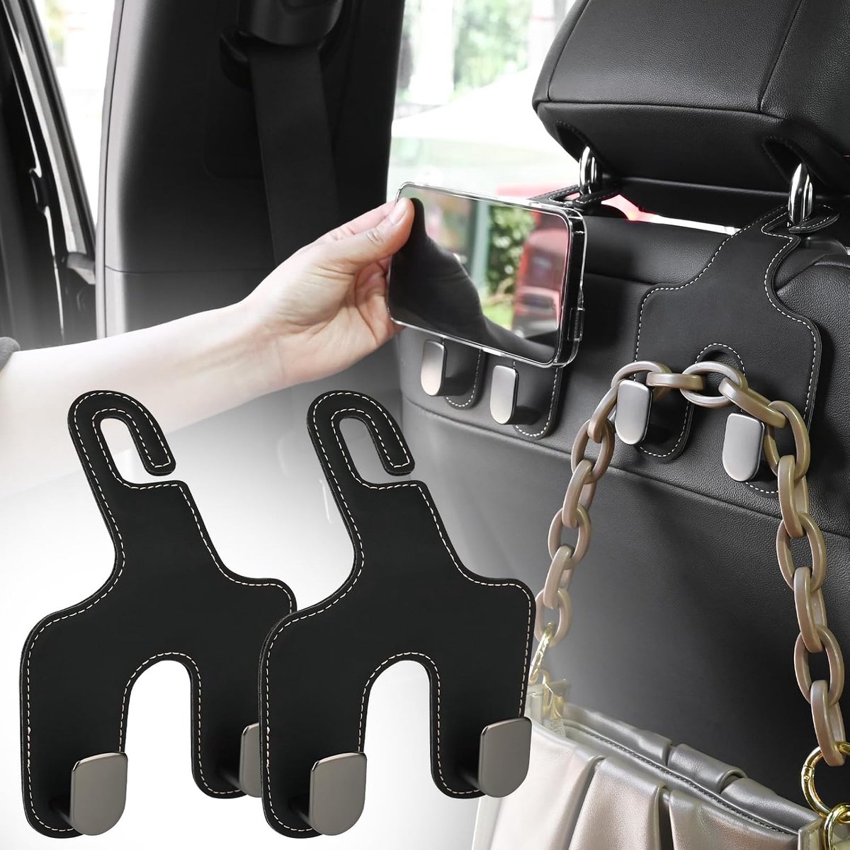 Bag Haken, 2 Packs Lederen Hoofdsteun Beugel Auto Opslag Haak, 2 in 1 Auto Seat Hoofdsteun Hanger, voor Opknoping Portemonnee Handtassen Boodschappentassen (Zwart witte lijn)