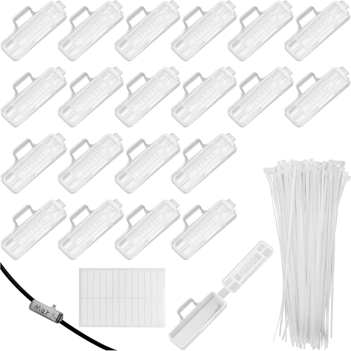 100 stuks kabelbelettering, transparante kabeletiketten, herkenningsdoos, kabelbelettering herkenningsdoosset, kabelbelettering clip met nylon kabelbinders voor markering en sortering