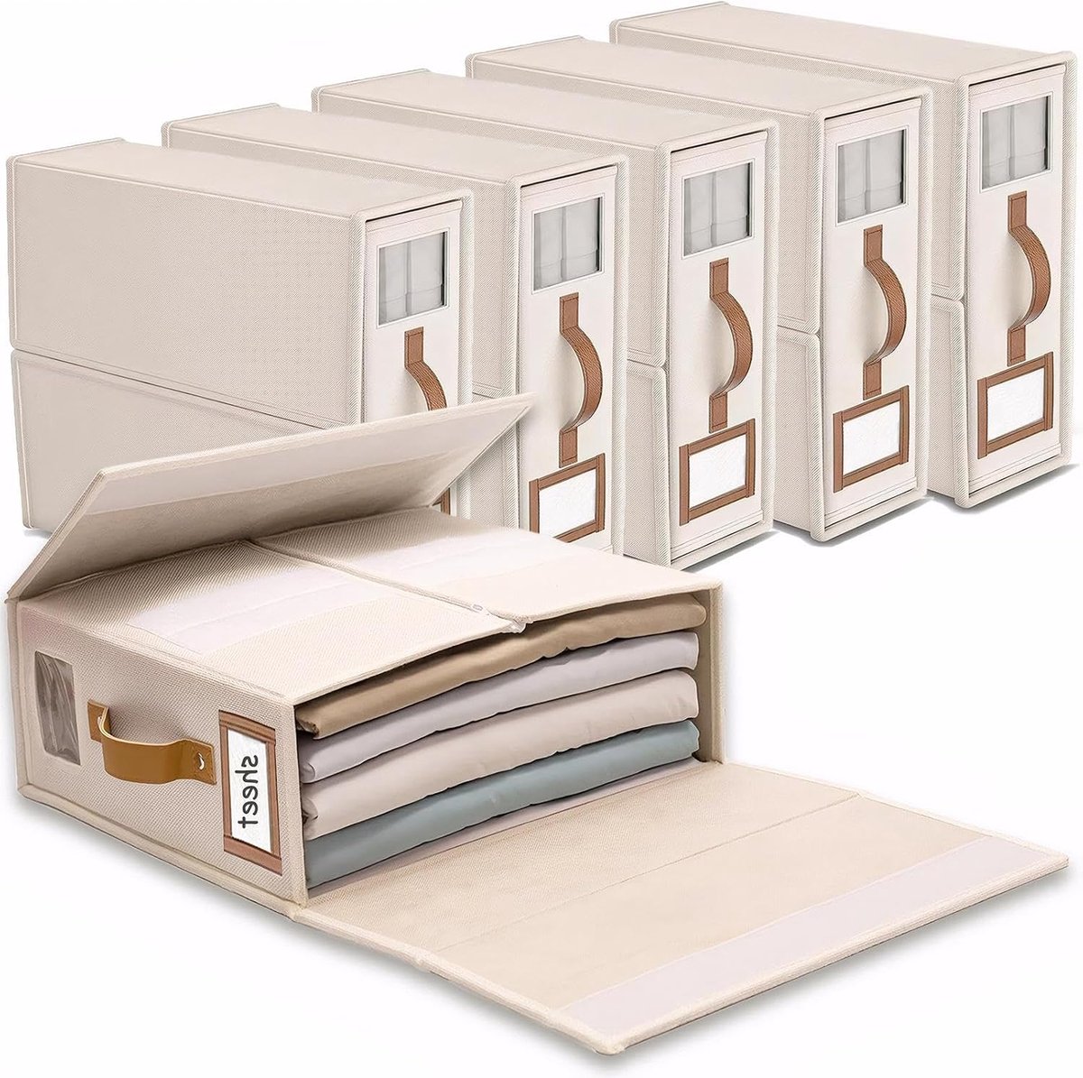 beddengoed opbergorganizers, 6 pack opvouwbare beddengoed met venster en label, voor onder het bed, in de kledingkast, voor het organiseren van lakens, kleding en dekens, linnen kleur