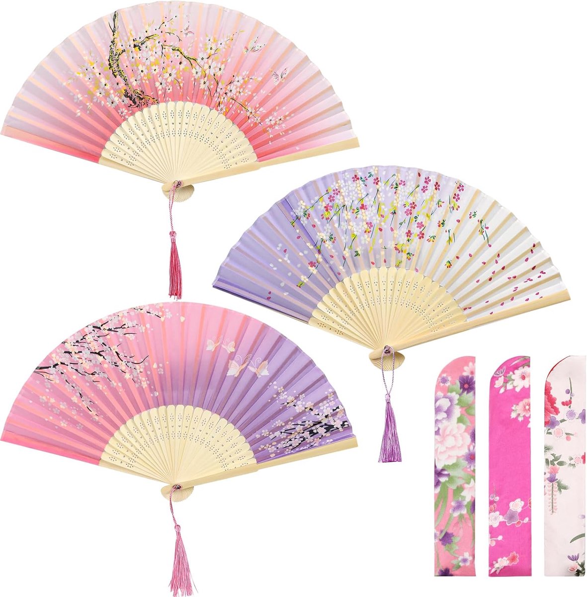 3 STKS Opvouwbare Hand Fans met Kwastje en Stof Mouwen | Bamboe Zijde Handwaaiers in Roze Paars Gradiënt, Elegante Bruiloft Party Accessoires, Geschenken en Wanddecoratie
