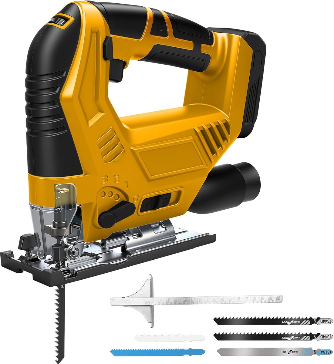 compatibel met Dewalt 20 V accu (zonder accu), elektrische decoupeerzaag met 45° afschuining, 6 snelheden, 4 orbitale standen, stofslang, geleidingsliniaal en 5 zaagbladen voor