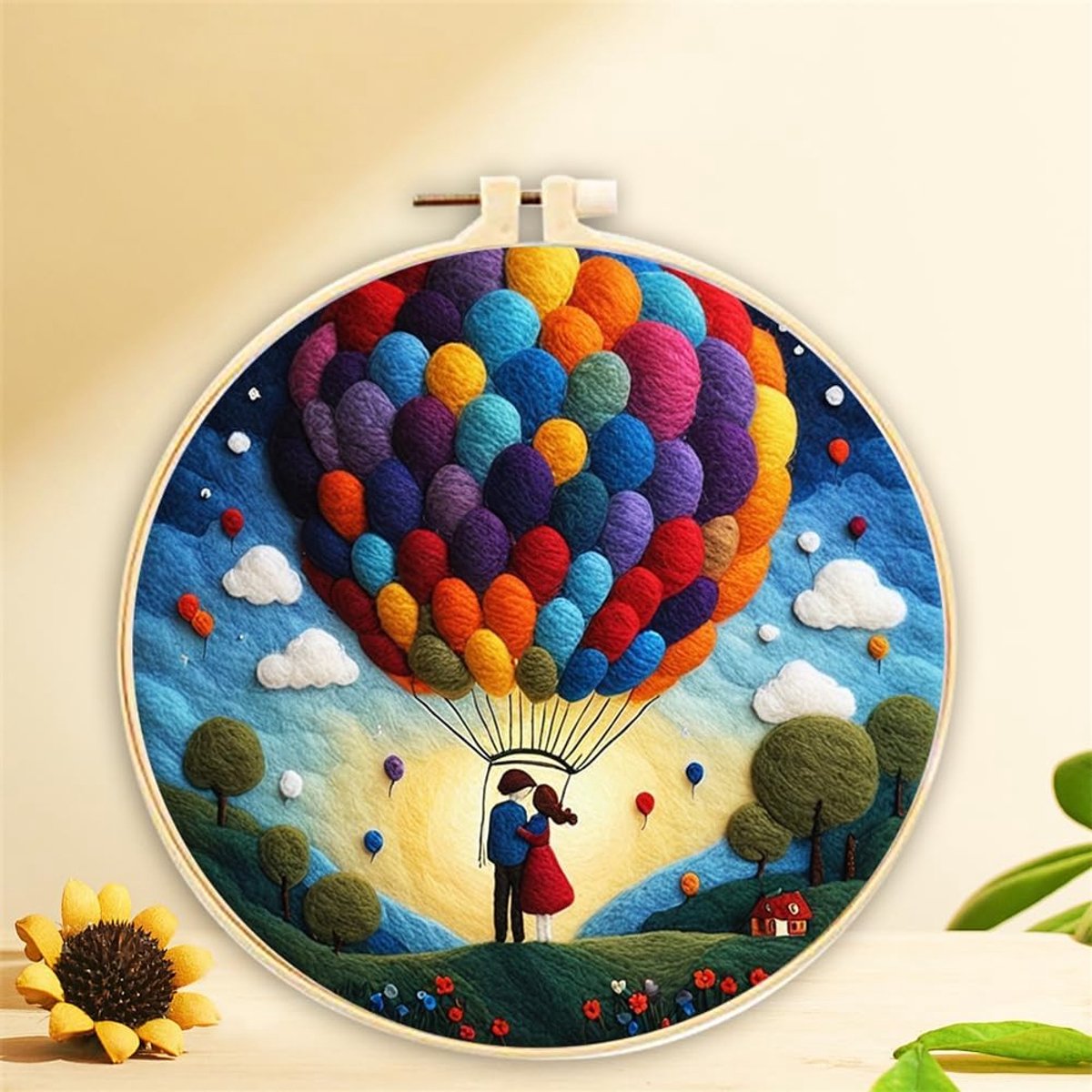 DIY Naaldviltset voor Beginners, Echtgenoot Heteluchtballon Landschap Inclusief Wolvilt Benodigdheden, Borduurringen, Prachtige Wol Schilderij en Naaldviltgereedschap (Echtgenoot)