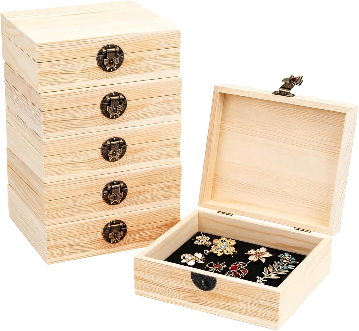 kleine houten kist, houten kist met deksel, 15 x 10 x 5 cm, houten schatkist met scharnieren en slot, houten kist voor sieradenkistjes om zelf te maken, knutselen en hobbys
