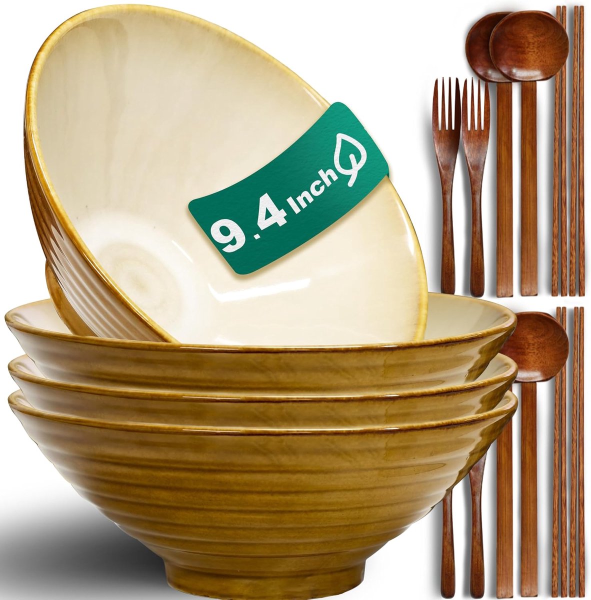9.4 Inch 4 Sets Keramische Ramen Kommen (16 Stuks) - Japans Porselein Vaatwasserbestendig Magnetronbestendig Salade Grote Kommen Met Eetstokjes Vorken Lepels Voor Mannen Vrouwen Housewarming Cadeau