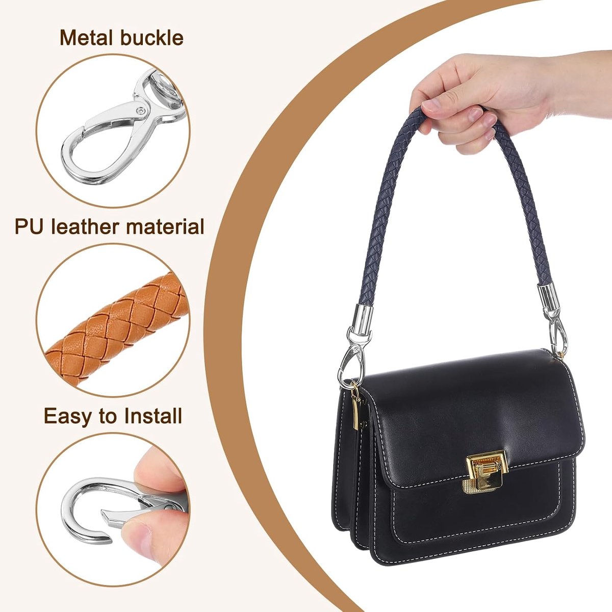 Leren schouderriem voor handtas, 2 stuks, 60 cm, gevlochten, PU-leer, kort, vervangende handgreep, metalen gespen voor schoudertassen, handtassen (schouderriem bruin geel + zilveren sluiting