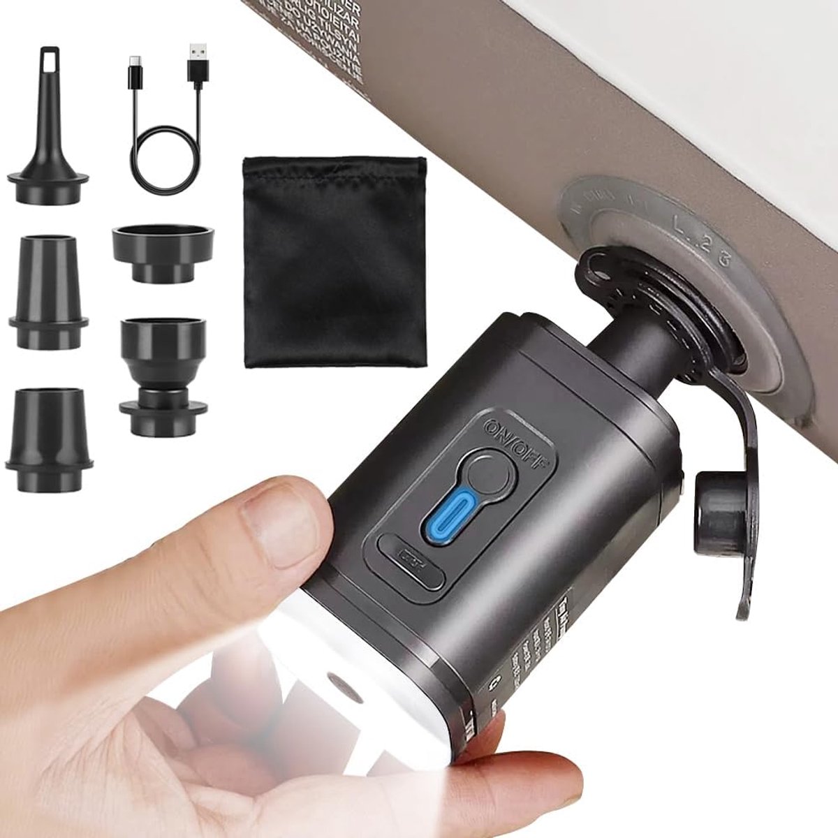 Elektrische luchtpomp met led-campinglamp, 2400 mAh, mini-pomp, accu, kleine draagbare luchtpomp met 5 sproeiers en USB-C voor luchtmatras, zwemring, vacuümzak, camping