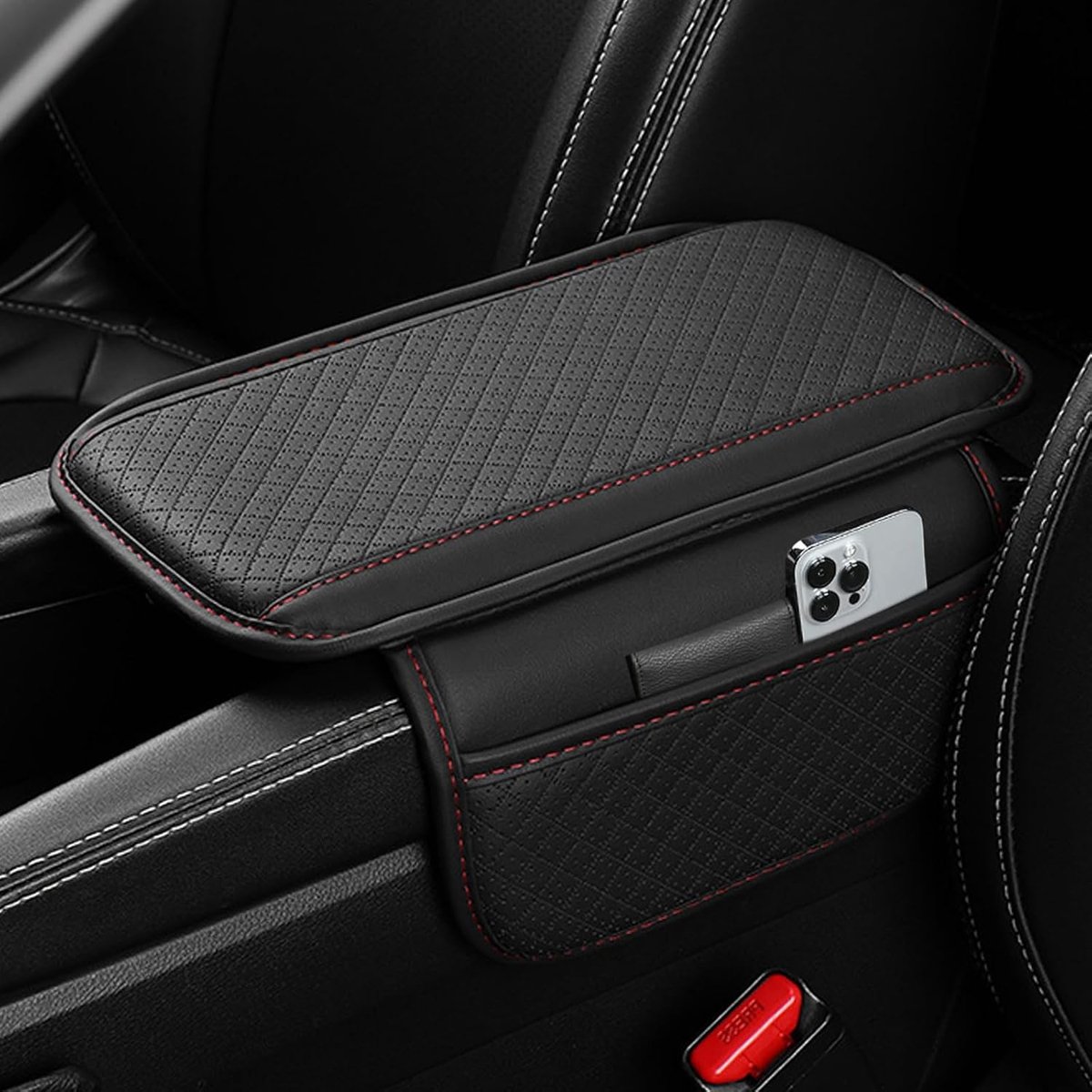 Armleuning stofbekleding voor auto met 2 autostoel organizer, Universele lederen auto armleuning stofbekleding middenconsole auto-accessoires interieur voor armleuning auto (Zwart/Rood)