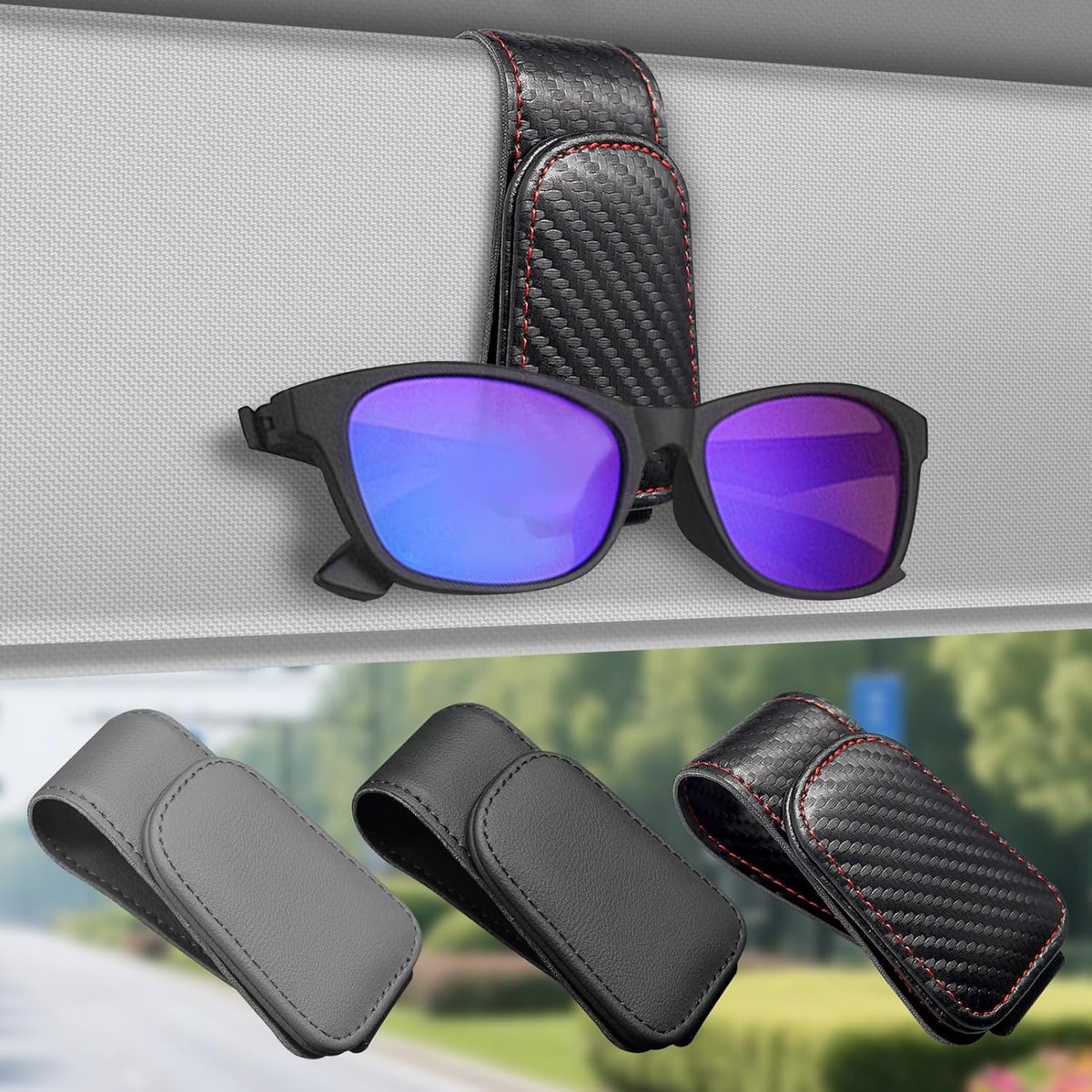 Zonnebrilhouder voor auto, magnetische lederen zonnebril, vizierclip, bril, lenzenvloeistof ticketkaartclip, auto-interieuraccessoires (koolstofzwarte vezel)