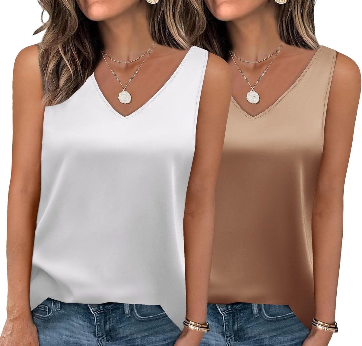 Satijnen top voor dames, 2 stuks, elegante zijden top, basic V-hals, tanktops, zomershirts, satijnen blouse, XS-XXL