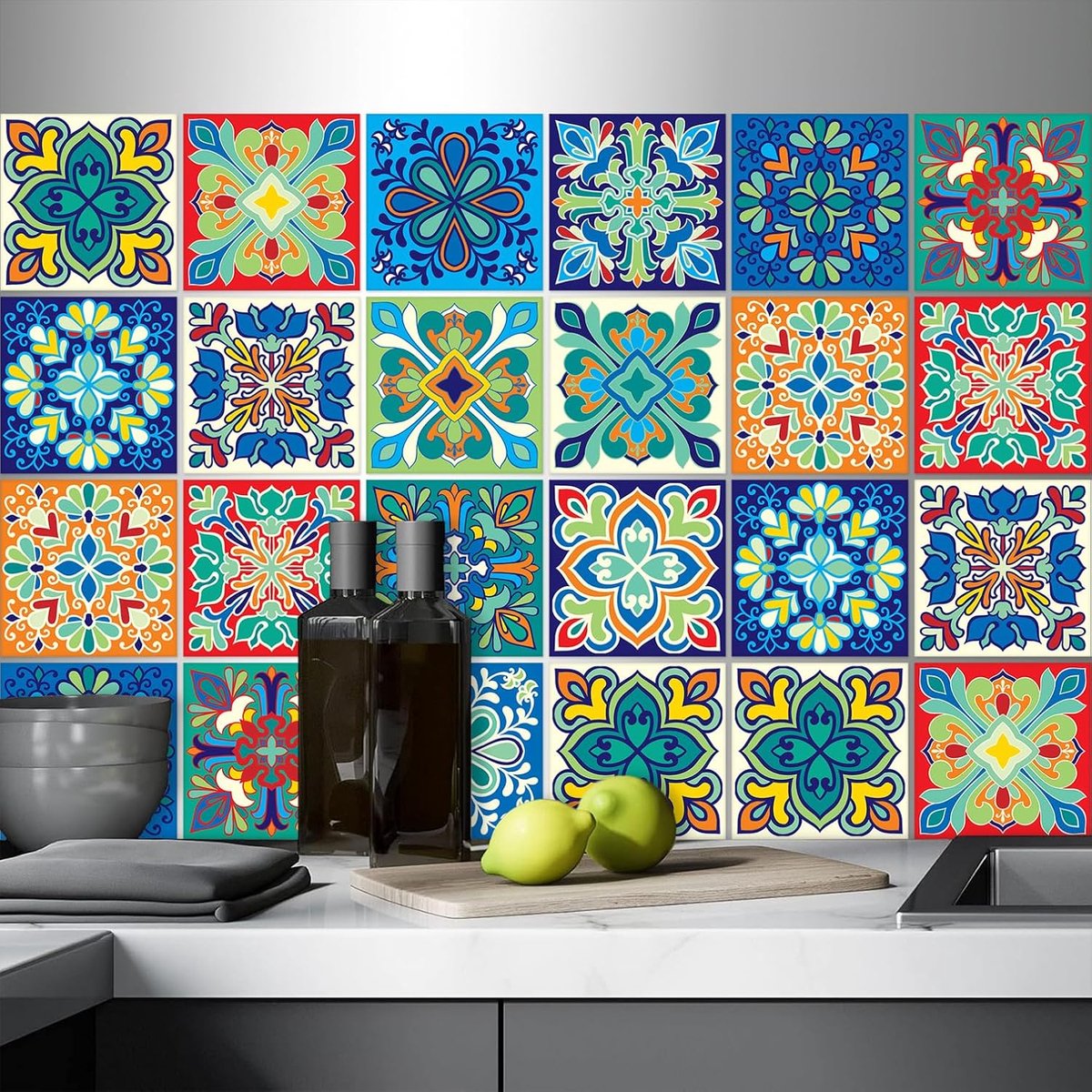 SnelShoppen - 32 Stuks Tegel Stickers Plak Tegels voor Badkamer Keuken Zelfklevende Wand Vinyl Tegels Waterdicht Oliebestendig DIY Vintage Design 15x1