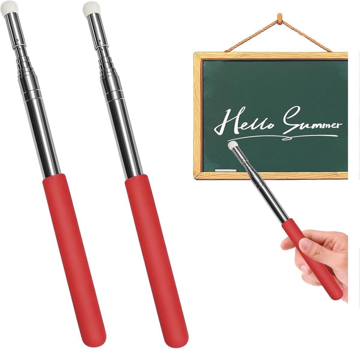 wijsstaaf, set van 2, 120 cm, telescopische aanwijsstaaf voor whiteboard en bord, uittrekbare telescoopstang van roestvrij staal, antislip handgreep voor presentaties en onderwijs