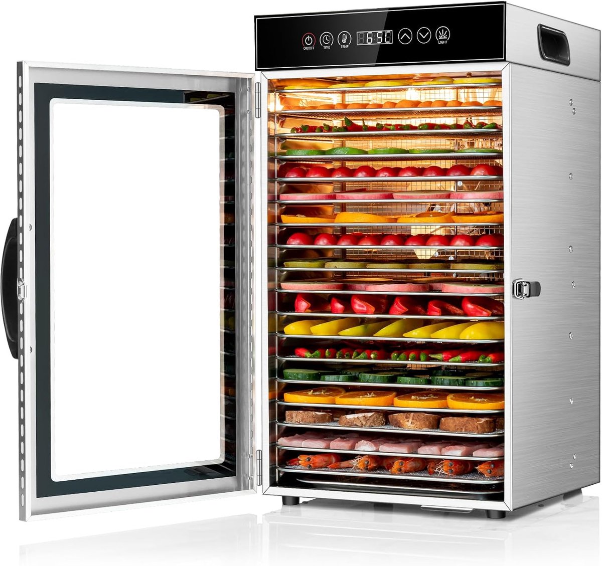 Commerciële Voedsel Dehydrator Machine 18-Tray, 800W Sneldrogende Dehydrater, 24H Timer, LED Display, Roestvrij Staal Dehydrator voor Vlees Jerky Rundvlees Fruit Kruid