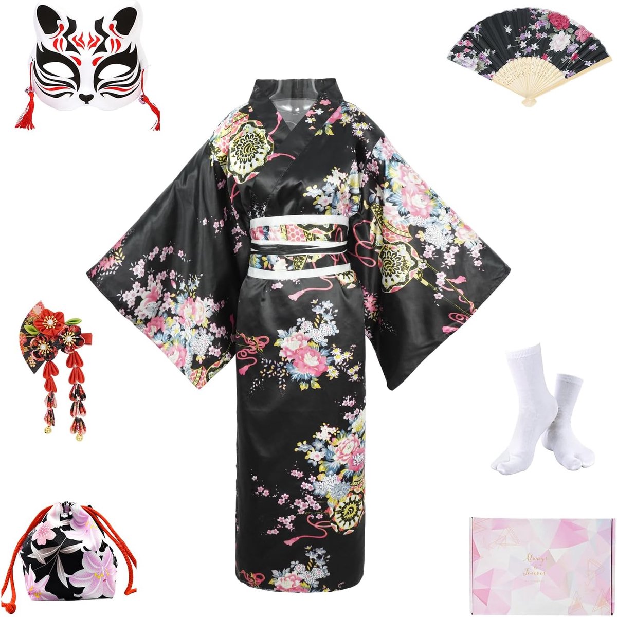 8 Stuks Kimono Dames Japanse Yukata, Satijnen Badjas Kimono Cosplay Kostuum met Riem Masker Haarspeld Waaier Handtas Tabi-sokken Set, GeschenkdoosInbegrepen