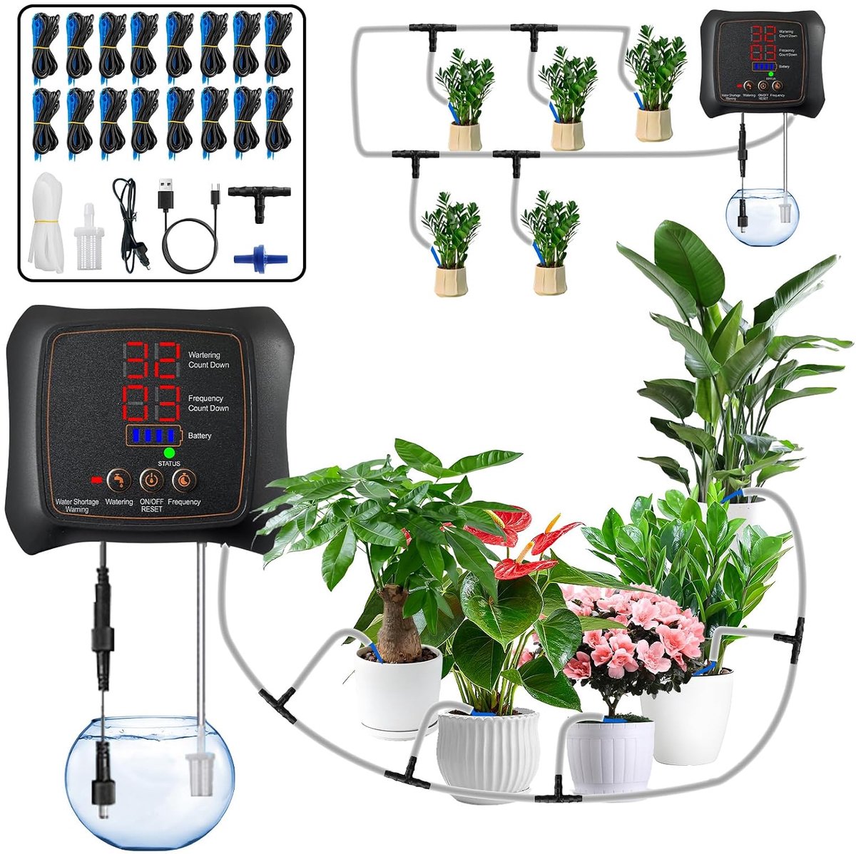 irrigatie, automatische druppelirrigatieset, met timer en 3 m slang, kan 16 planten water geven, automatisch bewateringssysteem voor balkonplanten, tuin, potplanten buiten