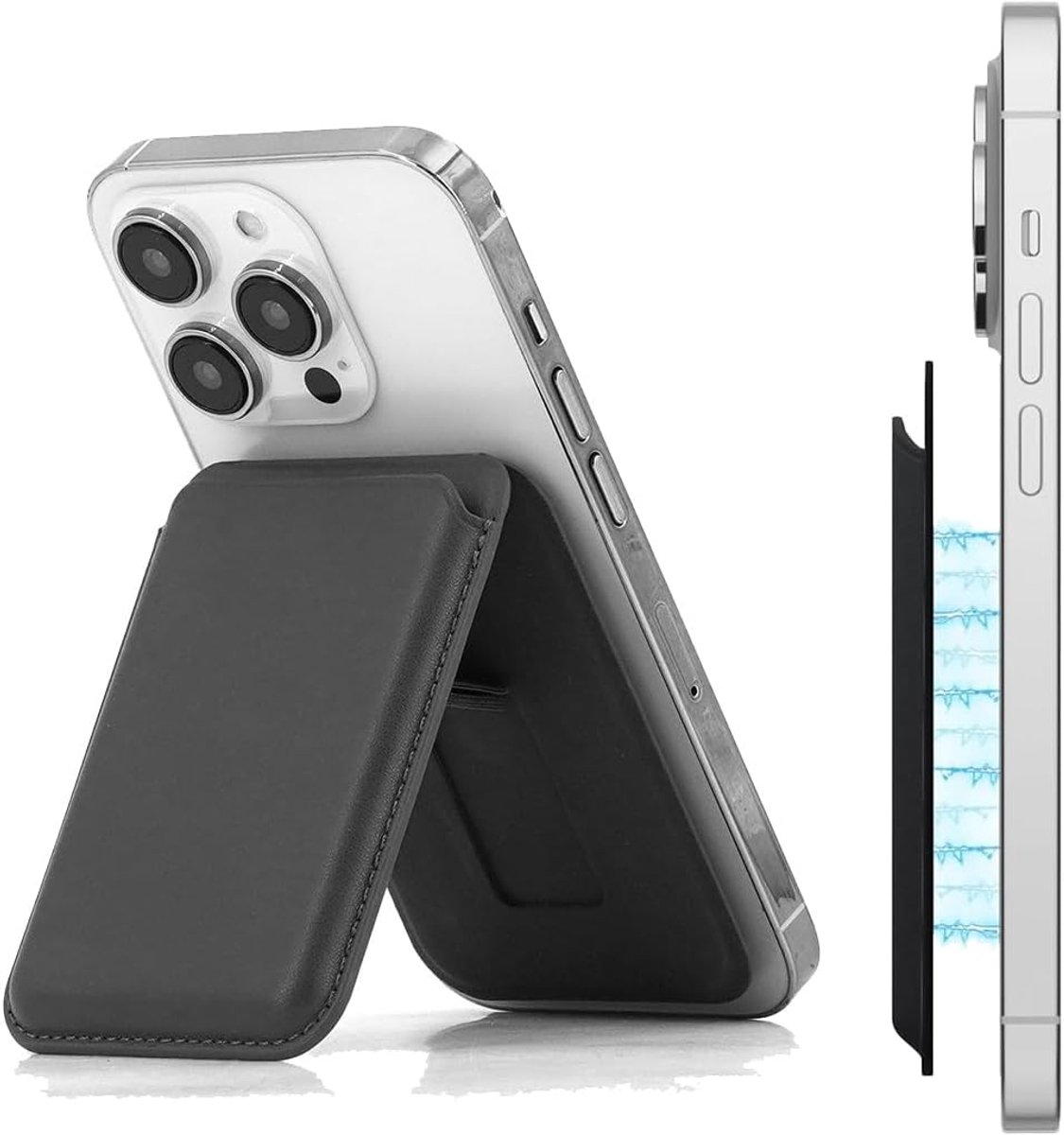 1 x telefoonkaarthouder, verstelbare houder, RFID-blokkering, portefeuille, magnetisch, venster, kaarthouder en houder voor iPhone, portemonnee van veganistisch leer, kaarthouder, zwart