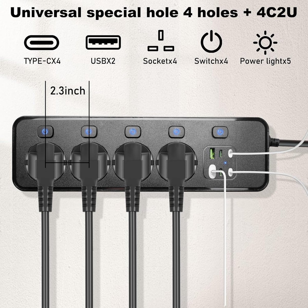 4-weg stopcontacten met 4 USB-C-poorten en 2 USB-poorten, universele stekkerdoos met schakelaar, multi-plug-adapter voor thuis, kantoor, reizen, 1,8 m netsnoer, zwart