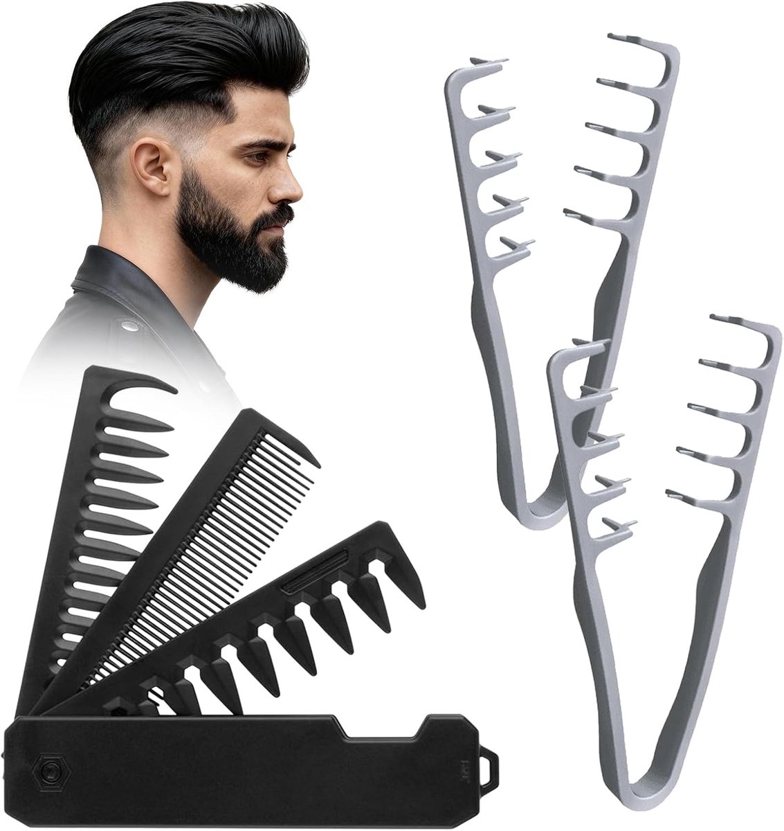 3-delige kam mannen set: 1 zwarte 3-in-1 klapkam heren en 2 grijze textuur kam, met fijn en breed tandpatroon, kan worden gebruikt als styling-kam, zakkam en baardkam, handig voor onderweg