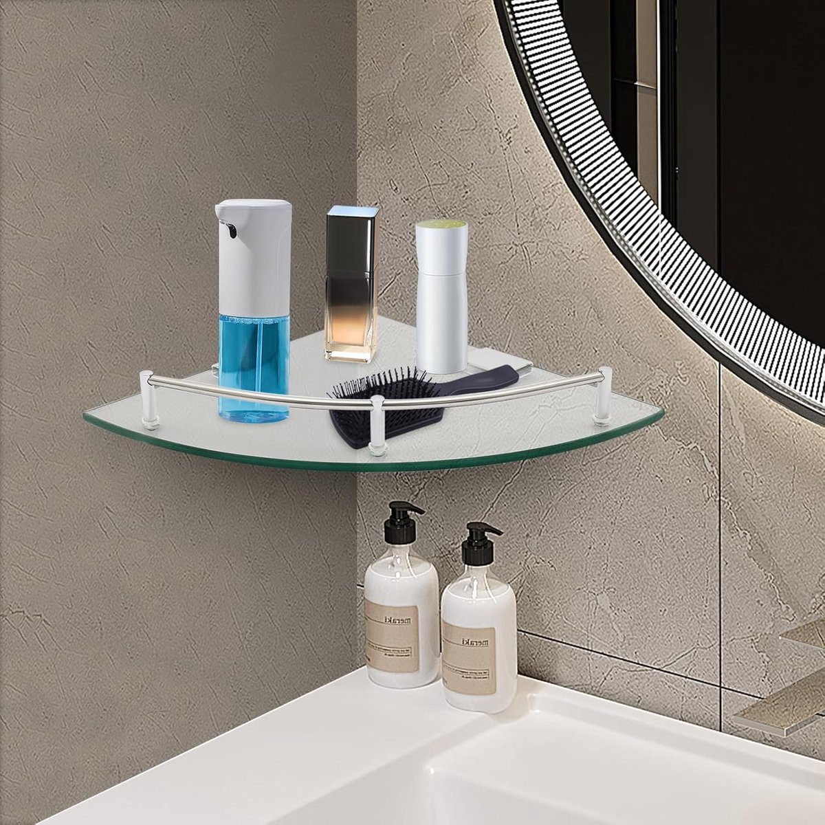 hoekdoucheplanken, doucheplank, glas, hoekplank, glasplank, gehard glas, glazen plank met roestvrijstalen klemmen, badkamer, hoekplank, doucheplank, glas, wandmontage, rek, roestvrij