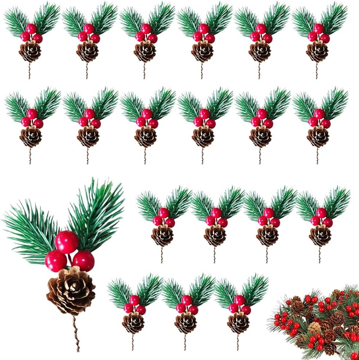 20 stuks kunstkerstbessen, kerstsimulatie, kleine dennennaalden, kleine bessen, dennenappels, kunstmatige dennentakken voor Kerstmis, decoratieve takken voor slingers en composities