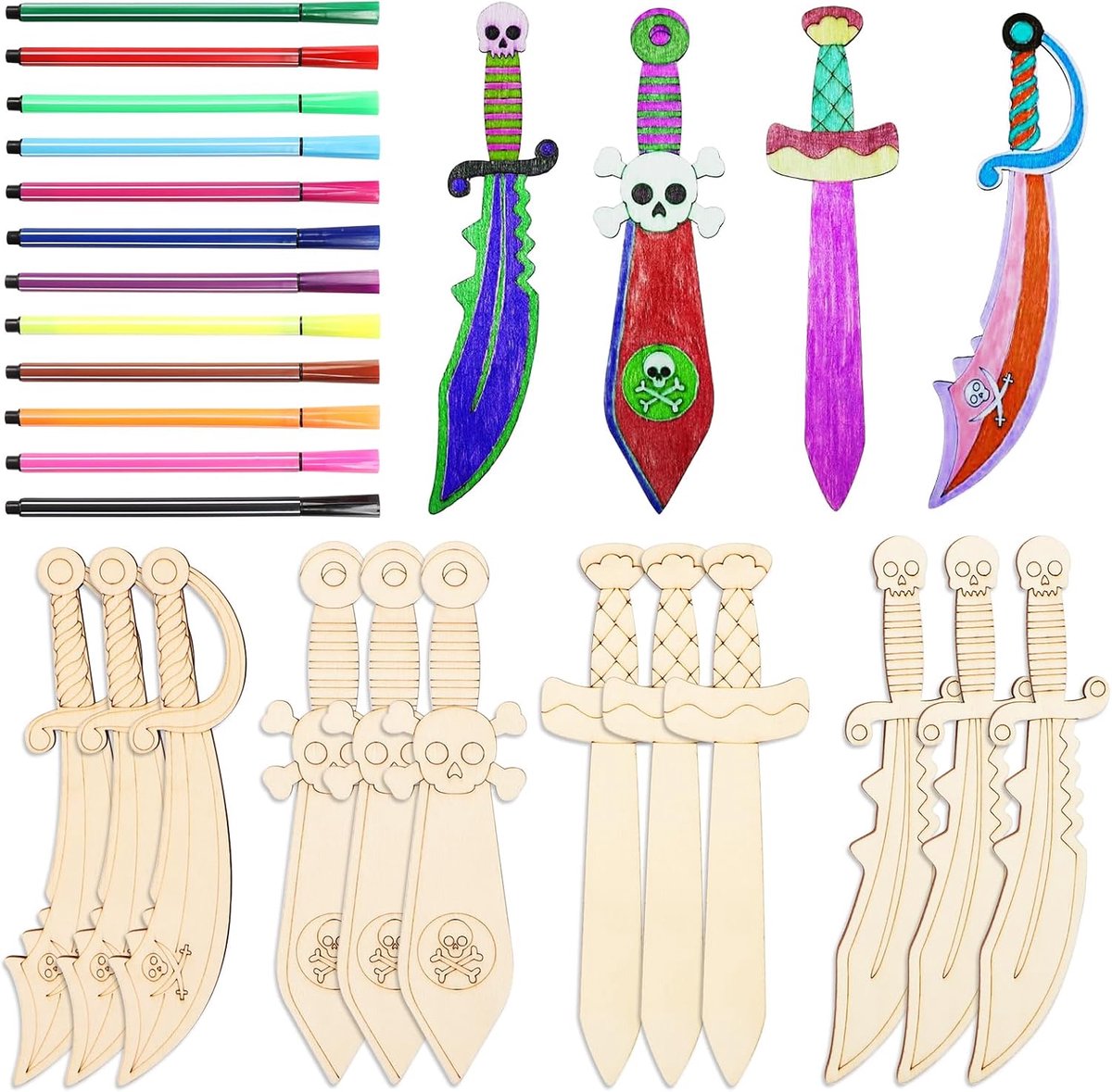 Houten piratenzwaarden - Voor het beschilderen, creatief piratenzwaard, houten sabel, kinder piratenzwaard, houten knutselset, cadeau, carnavalscadeaus voor jongens en meisjes, DIY