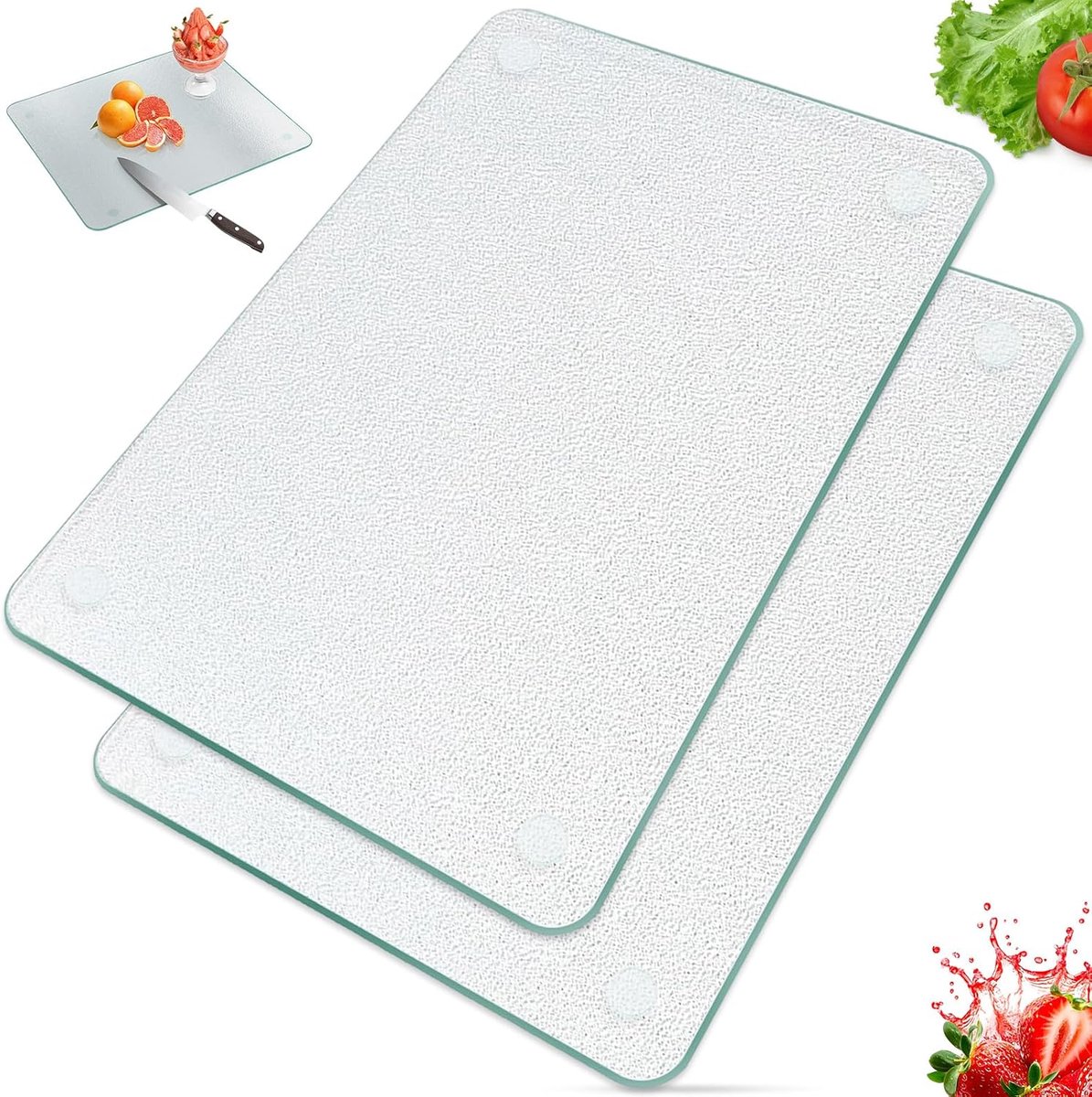 Snijplank van glas, 2 stuks, snijplank 30 x 20 cm, glasplaat met antislip siliconen voeten, zeer geschikt voor het beschermen van keukenplaten en voor het snijden van groenten