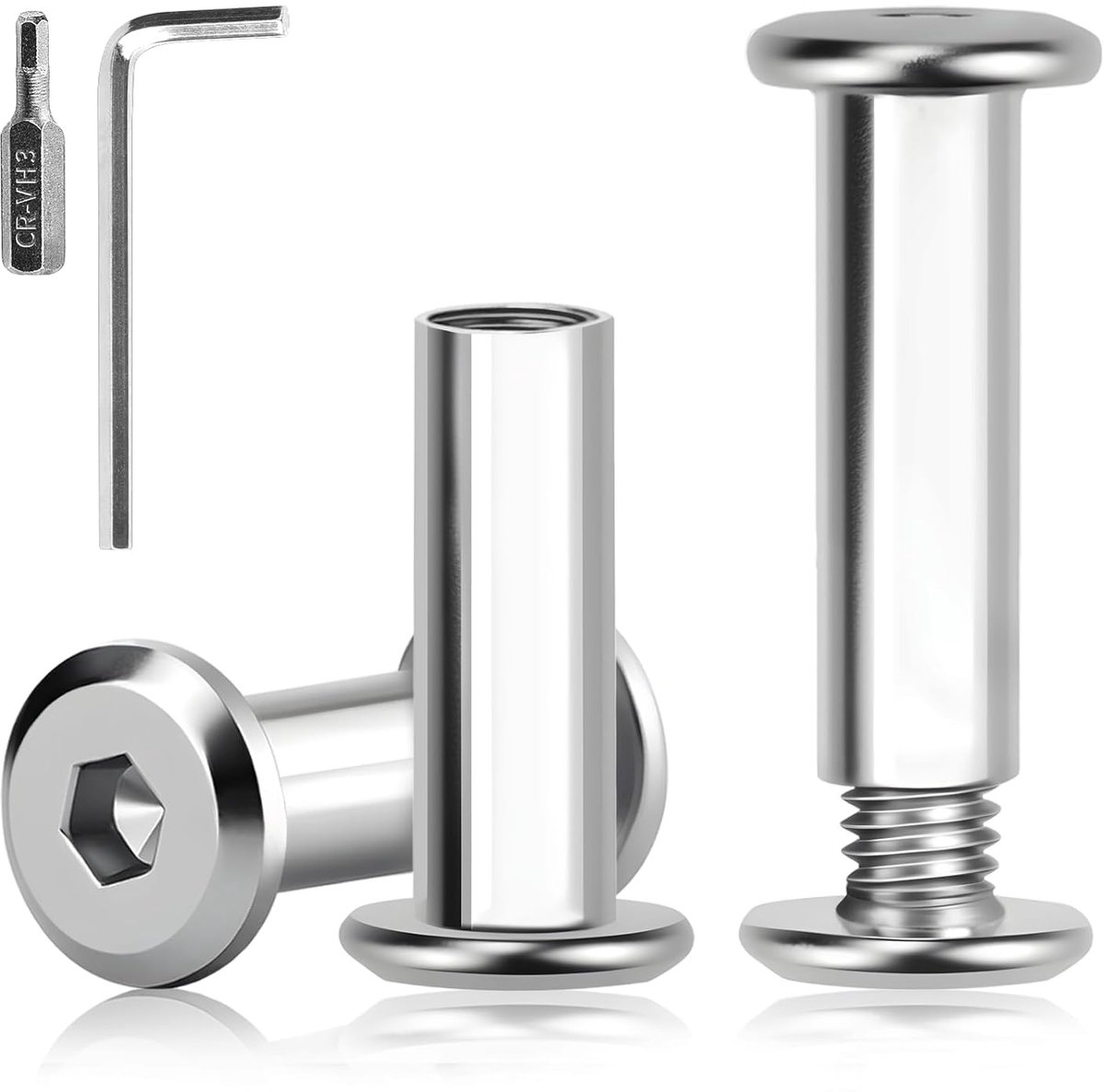 50 stuks verbindingsschroeven, M5 x 20 mm (25 hulsmoeren en 25 meubelschroeven), roestvrij staal, A2 V2A kastconnector met zeskantsleutel en boor, hulsschroeven voor meubels, houten plank
