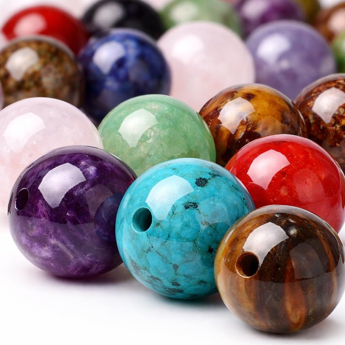 Kralen, 8 mm, knutselset, 48 stuks, ronde vorm, halfedelstenen om te rijgen, voor het maken van sieraden, kwarts, amethist, jade, jaspis, turkoois, agaat